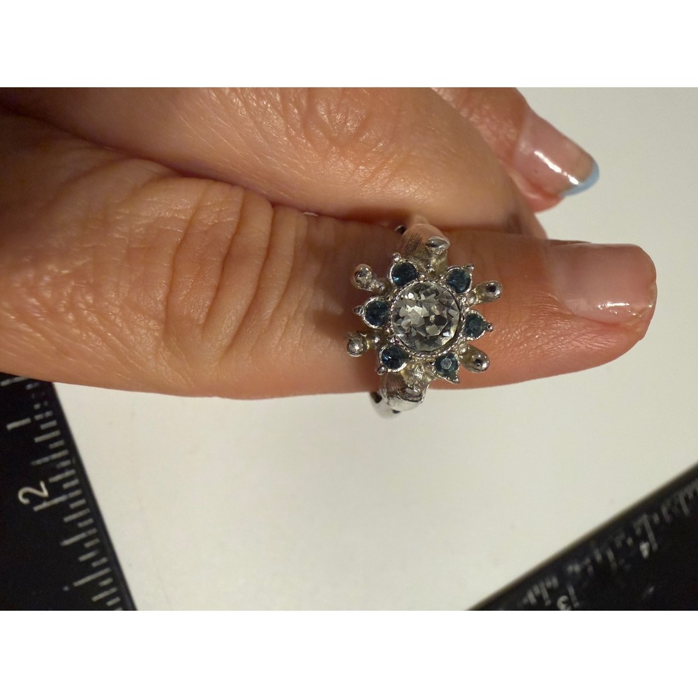 Avon Silver Tone Blue Clear Rhinestone Snowflake Bypass Ring Size 6.5 Adjustable
